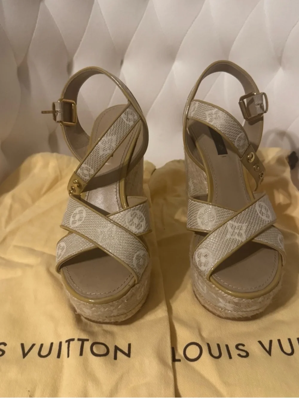 Louis Vuitton Cream Monogram Canvas Platform Wedge Sandals